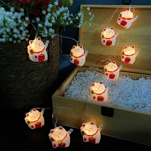Riaxuebiy 1.65M 10LEDs Lovely Fairy Light, White Night Light Battery Powered String Light for Indoor/Wedding/Birthday Gift/Party Decoration (Lucky Cat)