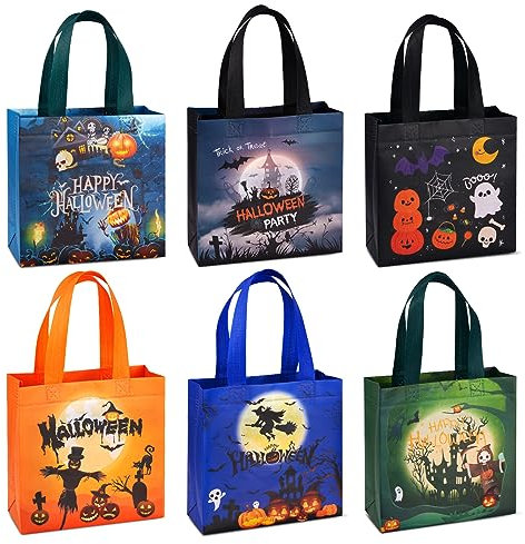 Kiiwah 6 Stück Halloween Trick or Treat Taschen, Halloween Geschenktüten mit Griffen, Multifunktionale Non-Woven Halloween Süßigkeit Behandelt Taschen für Halloween Partys(6 Stile)