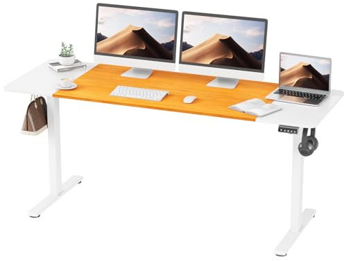 ERGOMAKER Elektrischer Höhenverstellbarer Schreibtisch 170x60cm (66.9x23.6), Höhenverstellbarer Tisch mit Spleißplatte (Weißes Gestell + Weiße, Kirsche Tischplatte)