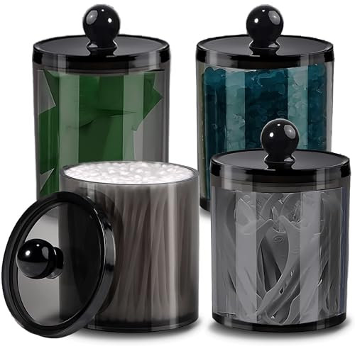 AIMIXUN 4 Piezas Dispensador para Bastoncillos de Algodón, Dispensador de Bastoncillos, Contenedor de Hisopos de Algodón, Contenedores de Almacenamiento de Plástico Negro Transparente