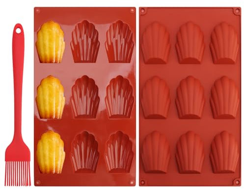 Lot de 2 Moule Madeleine Silicone 9 Cavités Moule a Madeleine Moule Antiadhésif en Forme de Coquille Moule à Madeleine avec Brosse pour Biscuits Chocolat Bonbons Pudding Gâteau (Rouge Brique)