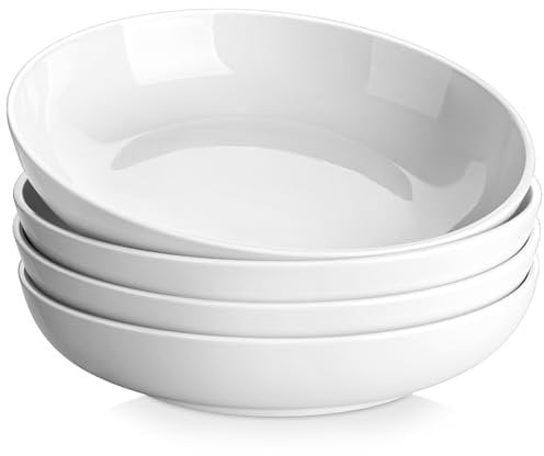 MALACASA Série REGULAR 1680ml Assiettes à Pâtes en Porcelaine, Assiettes Creuses, Service de Bols à Salade 4 Pièces, Blanc avec Bord Noir