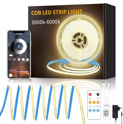 Yeewhale cob Led strip 5m,APP Steuerung,mit Fernbedienung, DC24V 3000k Warmweiß LED band,flexible Dimmbar COB LED Streifen, anwendbar auf Schlafzimmer, Raum,DIY Dekoration
