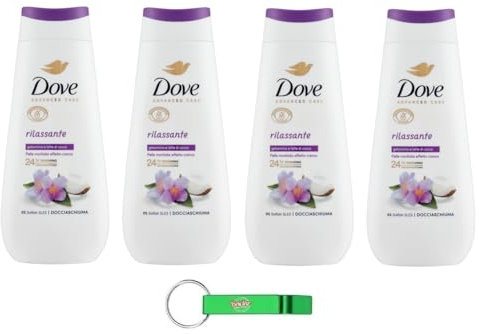 4x Dove Advanced Care Docciaschiuma Rilassante Duschgel mit Jasmin und Kokosmilch,Weiche Haut mit Creme Effekt 225ml + Beni Culinari Kostenloser Schlüsselanhänger