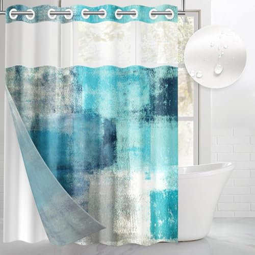 Nesphy Duschvorhang ohne Haken, türkisgraues Gemälde, mit Stoffeinsatz, blaugrün, doppellagig, wasserdichter Stoff mit durchsichtigem Fenster oben, offene Ösen, Badvorhang, 137 x 203 cm
