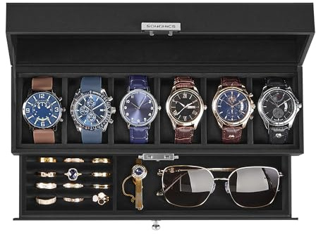 SONGMICS Watch Box, 6-Slot Watch Case Organizer with Large Glass Lid, 2 Layers, Removable Pillows, Metal Lock, Gift for Loved Ones, Black Synthetic Leather, Black Lining UJWB060B02