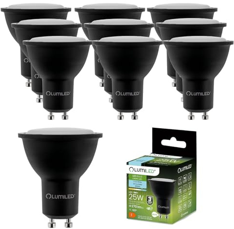 Lumiled LED GU10 Lampe 3W 270lm Kaltlweiß 6500K ersetzt 25W Reflektor Spot Schwarz 120° Abstrahlwinkel Nicht dimmbar 10er Pack Leuchtmittel für Wohnzimmer Küche Flur Hotel Büro