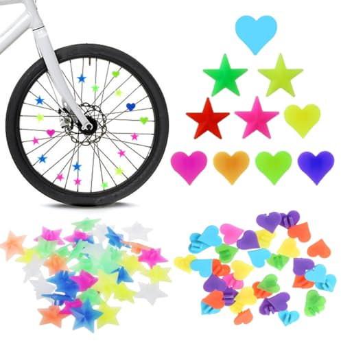 RAMGLYO Kinder Fahrrad Speichen Reflektoren, Set von 70 speichenreflektoren fahrrad kinder, mit herz- und sternförmigen Designs, katzenaugen fahrrad kinder, reflektoren kinder, farbenfroh und sicher
