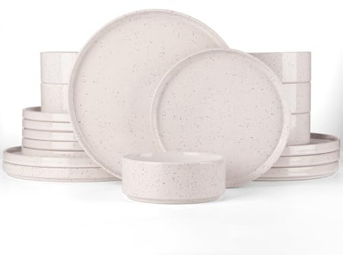 Richmount Plates and Bowls Sets, 18 Pieces Stoneware Dinner Sets for 6 People Chip and Scratch Resistant Dinnerware Sets, Dishwasher & Microwave Safe, Series Nebula, Creamy with Colorful Speckles