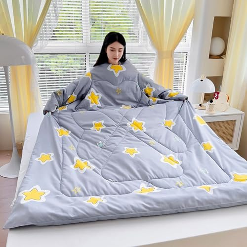 PBZVRFHYM Lazy Quilt with Sleeves for Men Women, Winter Warm Print Comforter Wearable Thickened Throw Pillow Wrap Blanket for Home Office Travel(A,150 * 200cm)