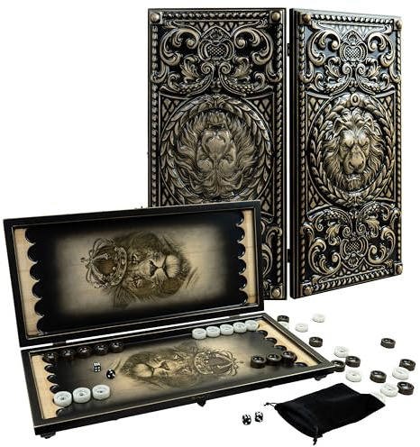 GROSS MEISTER® Premium Backgammon Holz mit Löwen-Design und Spielsteinen aus Epoxidharz - Handgefertigtes Backgammon Spiel - Hochwertiges Koffer aus Holz mit Spielsteinen