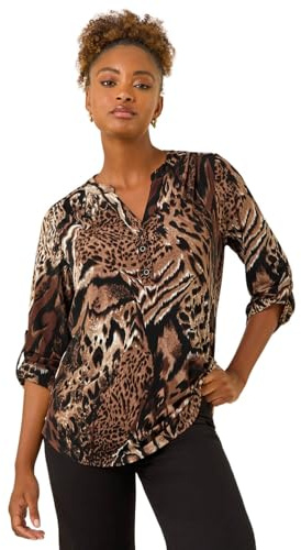Roman Originals Shirt for Women UK Ladies Top Collarless Blouse Stretchy Tunic Smart Casual Autumn Winter Jersey 3/4 Length Sleeve Notch V Neck Flattering Office Work - Animal Brown - Size 20