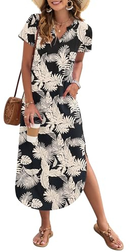 AUSELILY Damen Sommer Maxikleid Kurzarm V-Ausschnitt Lockeres Strandkleid mit Seitenschlitz für Urlaub