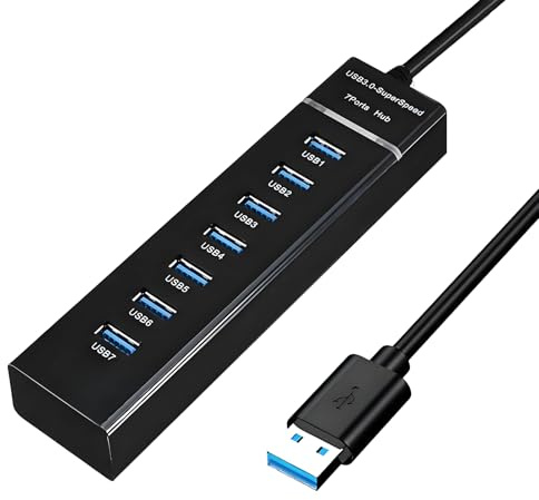 Hub USB 3.0 de 7 Puertos, Concentrador Alimentado Multipuerto USB de Alta Velocidad para Portátil PS4 Surface Pro MacBook Laptop HDD Teclado Ratón Windows MacOS Linux con Cable 1.5M