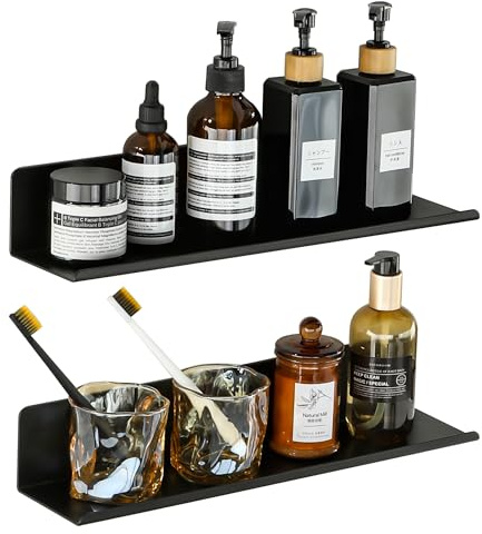 SAYAYO Etagere Douche Murale sans Perçage Salle de Bain, 40CM Noir | Rangement Douche Adhésif ou Visser, Étagère Salle de Bain en Métal Anti-Rouille, Tablette Murale pour Cuisine Chambre Salon