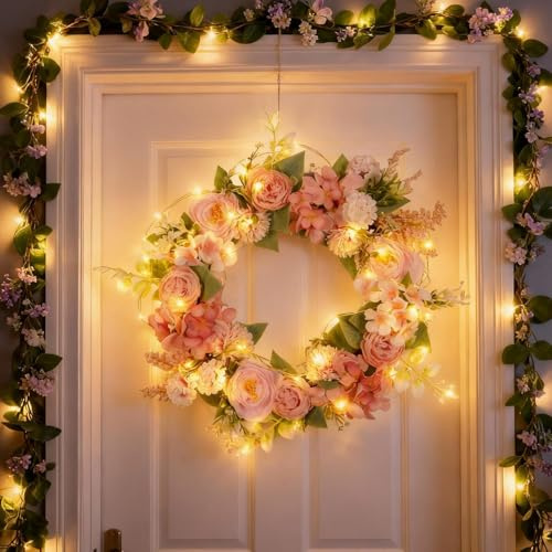 Türkranz Frühling mit LED Licht, 40cm Frühlingskranz Haustür Beleuchtet mit Blumen Rosen Kranz Frühling Blumenkranz mit Lichterkette Batteriebetrieben Ostern Türkranz Ganzjährig Wandkranz (B)