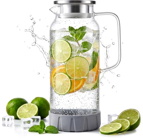 Carafe en verre borosilicate de 2 l avec couvercle en acier inoxydable - De -20 °C à 150 °C - Carafe à eau avec graduation, filtre - Fond en silicone antidérapant et résistant aux chocs - Passe au