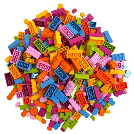 Q-Bricks Classic Bausteine Box Blütenmischung | 300 Grundbausteine in 5 Formen | Farben: Hellrosa, Melonengelb, Grasgrün, Hellblau, Hellorange und Magenta | Verpackt in Einer wiederverwendbaren Box