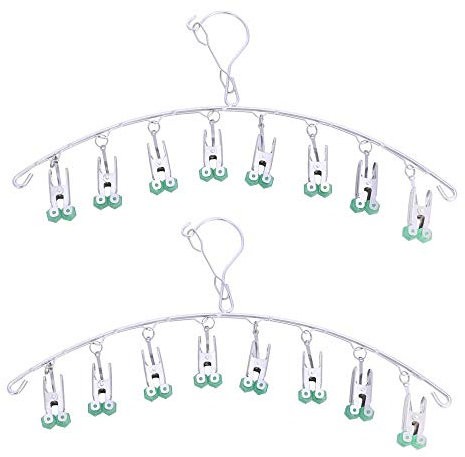 Qinglele 2pcs Edelstahl Trocknen Rack, Drip Kleiderbügel, Sockenaufhänger,mit 8 Wäscheklammern für Socken, Handschuhe, BH, Schals, Schnell Entfernen Kleidung vom Kleiderbügel, Winddicht, Grün