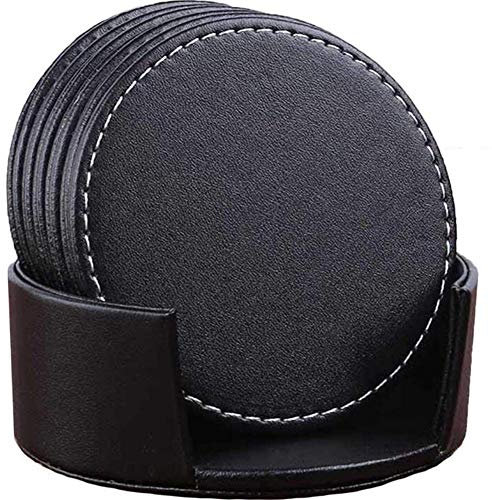 Valink Lot de 6 Dessous de Verre Ronds en Cuir Antidérapant, Sous-Verres, Repose Verre, Sous Verre pour Boissons, Tasses à Café, Verres à Bière, Bouteilles de Vin, Maison et Bar – Noir