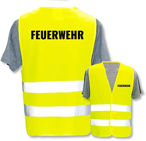 Bedruckte Marken-Warnwesten mit Leuchtstreifen * Standard- o. Reflex-Druck * Einsatzkräfte, Warnweste Begriffe Einsatzkräfte:Feuerwehr, Farbe + Größe:Gelb (M/L)