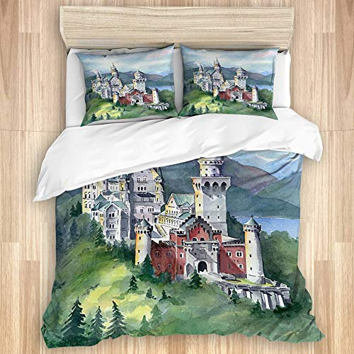 KASMILN Bedding Bettwäsche,Europa Schloss Neuschwanstein Deutschland Berge könig Ludwig,Mikrofaser Bettbezug 135x200cm,Kissenbezügen 2(50x80cm)