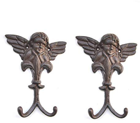 TentHome 2 Stück Garderobenhaken Kleiderhaken Vintage Wandhaken Rustikal Gusseisen Engel Deko Doppelhaken Landhausstil Handtuchhaken Schlüsselhaken Antik Braun