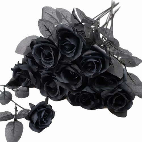TUZAZO 10 Stück schwarze Rosen, künstliche Blumen, einzelner Stiel, künstliche Seidenblumen, Brautstrauß, realistische Blütenblume für Zuhause, Garten, Party, Büro, Halloween-Dekorationen (schwarz)