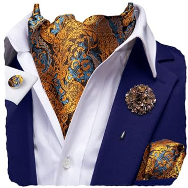 Hi-Tie Men's Cravat And Flower Lapel Pin Set Jacquard Silk Ascot Handkerchief Cufflinks For Wedding Party Daily Dress