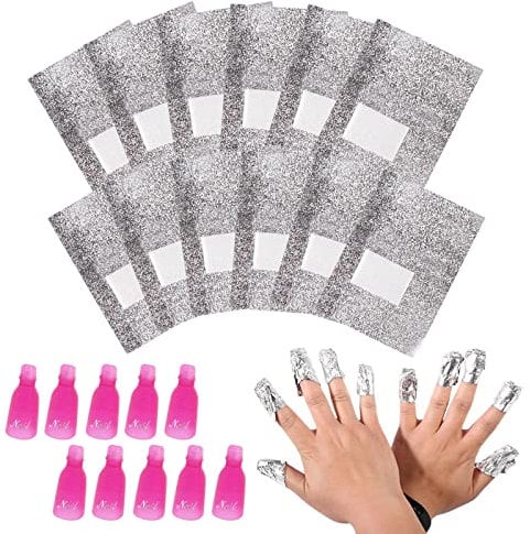 AYNKH Lot de 100 feuilles d'aluminium avec 10 clips de dissolvant pour vernis à ongles en aluminium avec clips en plastique pour enlever le vernis à ongles en gel