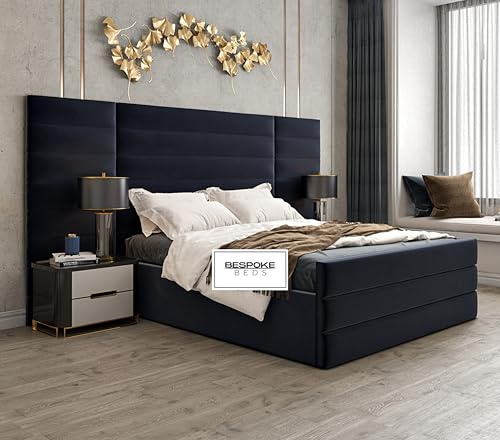 BESPOKE BEDS Upholstered Ottoman Bed Frame with Oversized Wide & Tall Headboard, Plush Velvet Bed Frame Single, Double, King, Super King, UK Handmade (Black Plush Velvet, 5FT King Size)