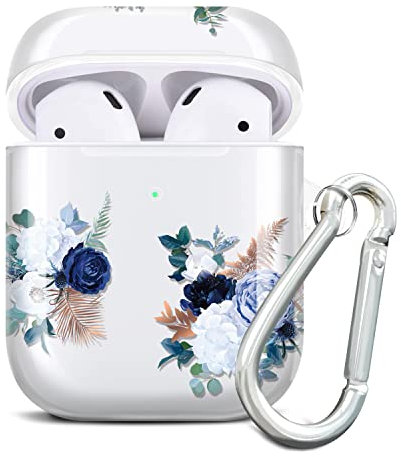 JIAXIUFEN Kompatibel mit AirPods Hülle Stoßfeste Silikon Kopfhörer Taschen Case Schutzhülle Zubehör mit Karabiner Kompatibel mit AirPods 2 & 1, Flower Purple Blue