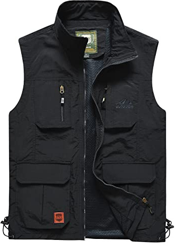 Yukirtiq, Gilet da pesca da uomo, ad asciugatura rapida, traspirante, senza maniche, con molteplici tasche, per attività all'aperto, campeggio, caccia, fotografia, B-nero, L