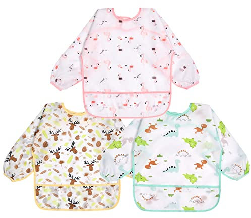 Vicloon Bavoirs Bébé avec manches,3PCS Bavoir Etanche à Manchs Longue Tissu EVA Hydrofuge Bavoir Imperméable Unisexe pour Bébé de 6 mois à 3 ans