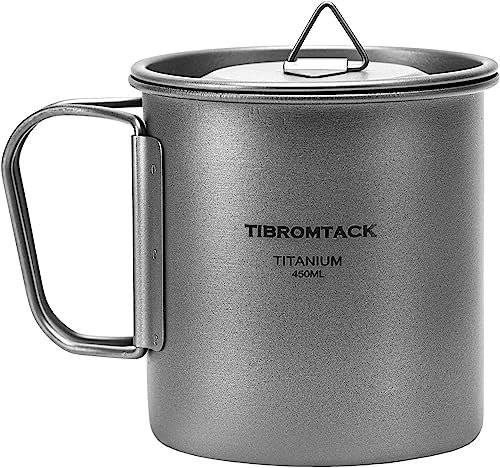 TIBROMTACK Tasse Pliante d'extérieur avec Couvercle, Tasse Camping Titane Portable, Mug en Titane de Camping Ultraléger 450ml pour l'extérieur avec Poignée Pliable et Sac en Filet