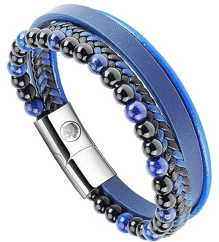 Casisto.J Lederarmband Herren Armband Herren Männer Leder Geflochten Perlen Edelstahl Braun Schwarz Blau mit Magnet Verschluss Schmuck in Geschenkbox