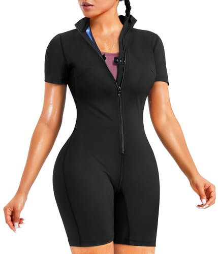 Junlan Saunaanzug für Frauen Ganzkörper-Jumpsuit Taille Trainer für Frauen Bauchfett Workout Schweißanzug, Schwarz, Large