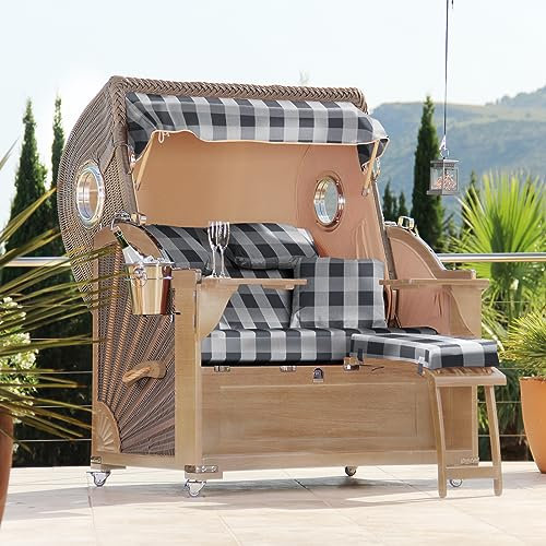 DERKORB Strandkorb 2,5 Sitzer Ostsee Classic mit Bullauge XXL Volllieger in Teak, fertig montiert mit Rollen & Premium Schutzhülle… (Marmor Grau)