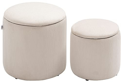 HOMCOM Lot de 2 poufs tabourets Repose-Pieds Coffre de Rangement en Tissu Aspect Velours côtelé Ø40 cm et Ø30 cm, crème