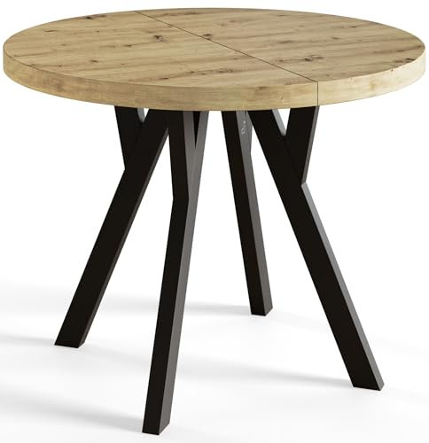 AlpiMeble Runder Esszimmertisch OVO, ausziehbarer Tisch Durchmesser: 100 cm bis 200 cm, Wohnzimmertisch Farbe: Artisan, mit Holzbeinen in Farbe Schwarz