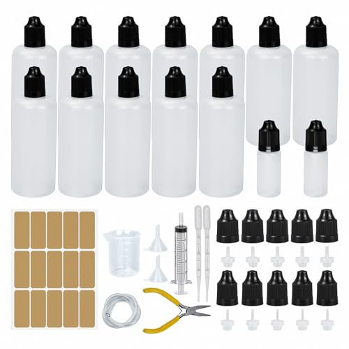 12 Stk Liquid Flaschen 100ml,Tropfflasche 2x10ml Dropper Bottle Quetschflaschen Leer Plastikflaschen Reiseflasche mit Kindersicherung Ersatzdeckel Inkl. Messbecher Trichter Spritzen Flachzange (100ml)