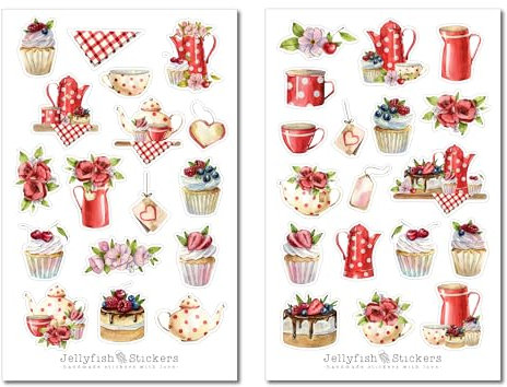 Rote Küche Sticker Set - Aufkleber Kochbuch, Sticker Kochen, Rezeptbuch, Rezepte, Tee, Kaffee, Backen, Backbuch, Blumen, Cupcakes, Muffin