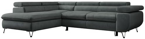 MKS MEBLE Sofa L, Wohnlandschaft L-Form mit Schlaffunktion und Bettkasten, Schlafsofa mit Bettkasten, Ecksofa, Sofa mit Einstellbare Kopfstützen, Pedro L - Dunkelgrau Velvet - Links