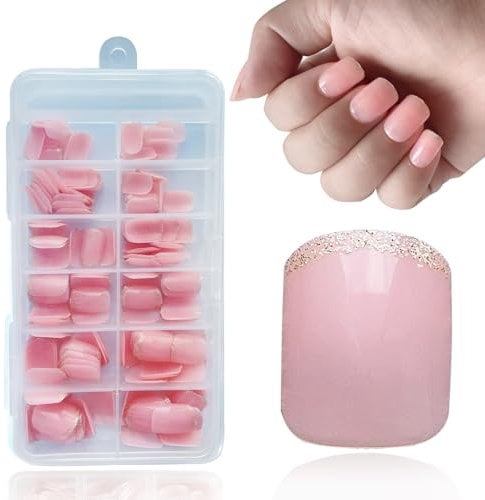 168 Pièces Capsule Americaine Ongle, 12 Tailles Ballerina Court Press on Nails, Pré-colorés Pose Américaine Ongles Artificiel Fake Ongles pour Extensions Rapide d'ongles, Nude Round Glitte