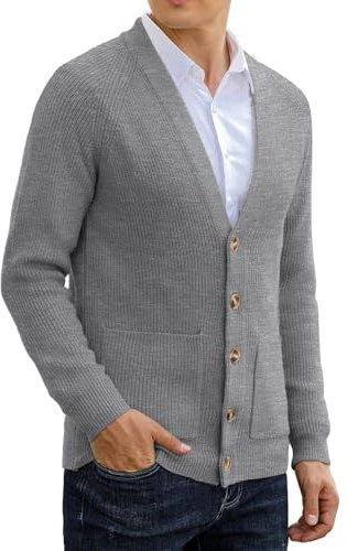 Sailwind Mens Long Sleeve Cardigan Autumn Chunky Knitted V Neck Button Cardigan Soft Cable Knit Sweater for Men (Grey, S)