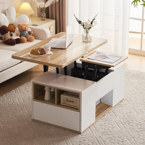 Sapgaks Table Basse relevable,Le Plateau de Table s'ouvre pour Former 2 Tables,avec 2 tiroirs,Meubles de Salon,Blanc+Couleur du Bois d'origine
