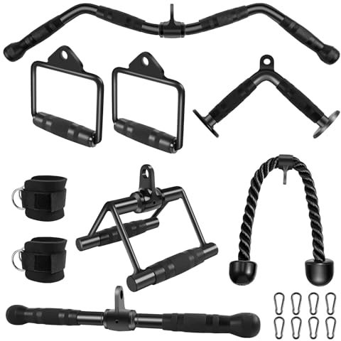 ALABX Gym Cable Attachments Set - LAT Pulldown Accessories Weight Training Pulley System for Home Gym, Arm, Biceps Curl, Tricep Workouts (Black+9PCS)