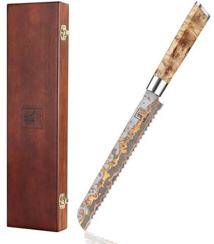 zayiko MysticMagma 20cm Brotmesser Wellenschliff aus 67 Lagen Damaststahl und VG10 Kern I Brotschneidemesser mit Kupfer- und Bronzeeinlagen Ahornwurzelholzgriff I Küchenmesser in Geschenkbox I Messer