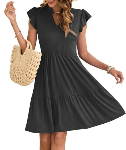 AUSELILY Women Summer Dress V Neck Ruffle Short Sleeve Ladies Dress Wrap Waist Casual Minidress with Pockets Black M