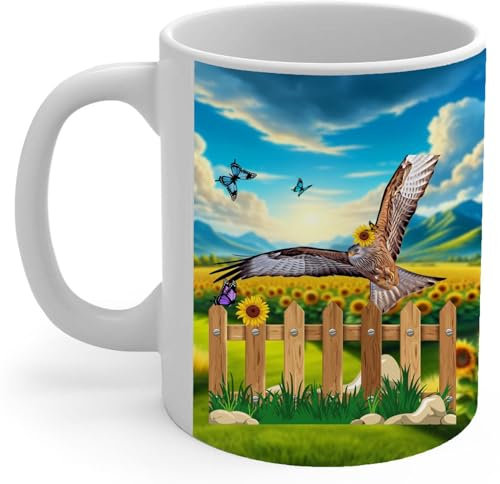PIBONTO Farmhouse Fence-Themed Design with Red Kite Coffee Mug White Ceramic Tea Cup 11oz Wild Animal Lover Gifts